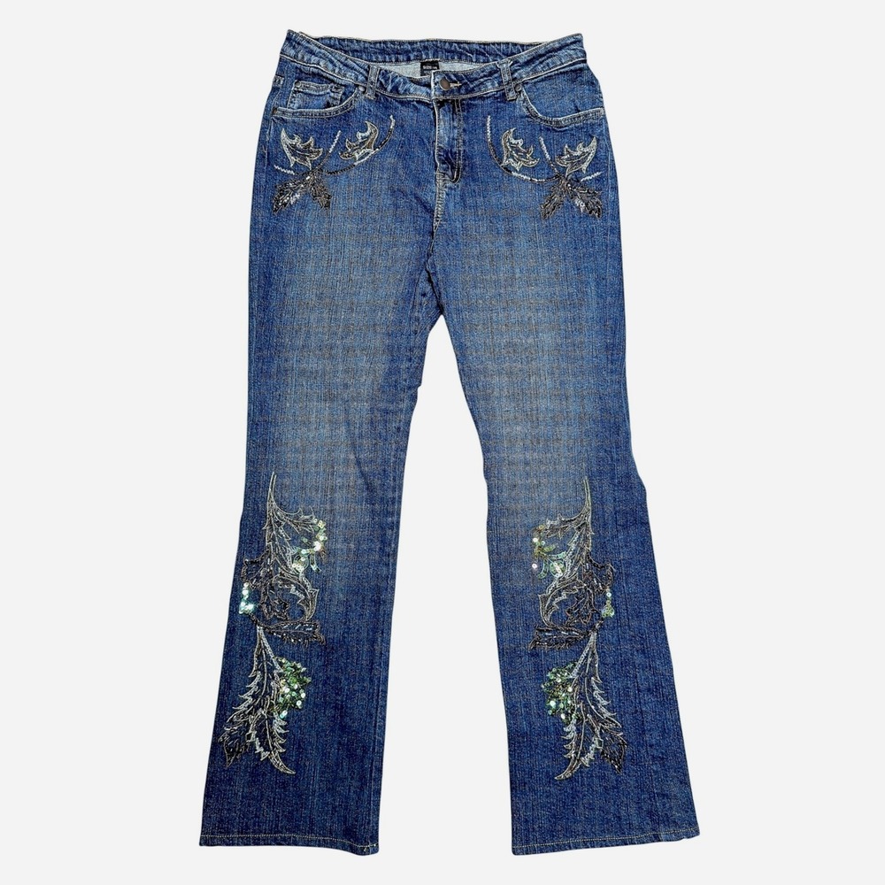 Womens‎ Bootcut Blue Jeans Embellished Sequins Beaded Floral Bell Bottom Size 14